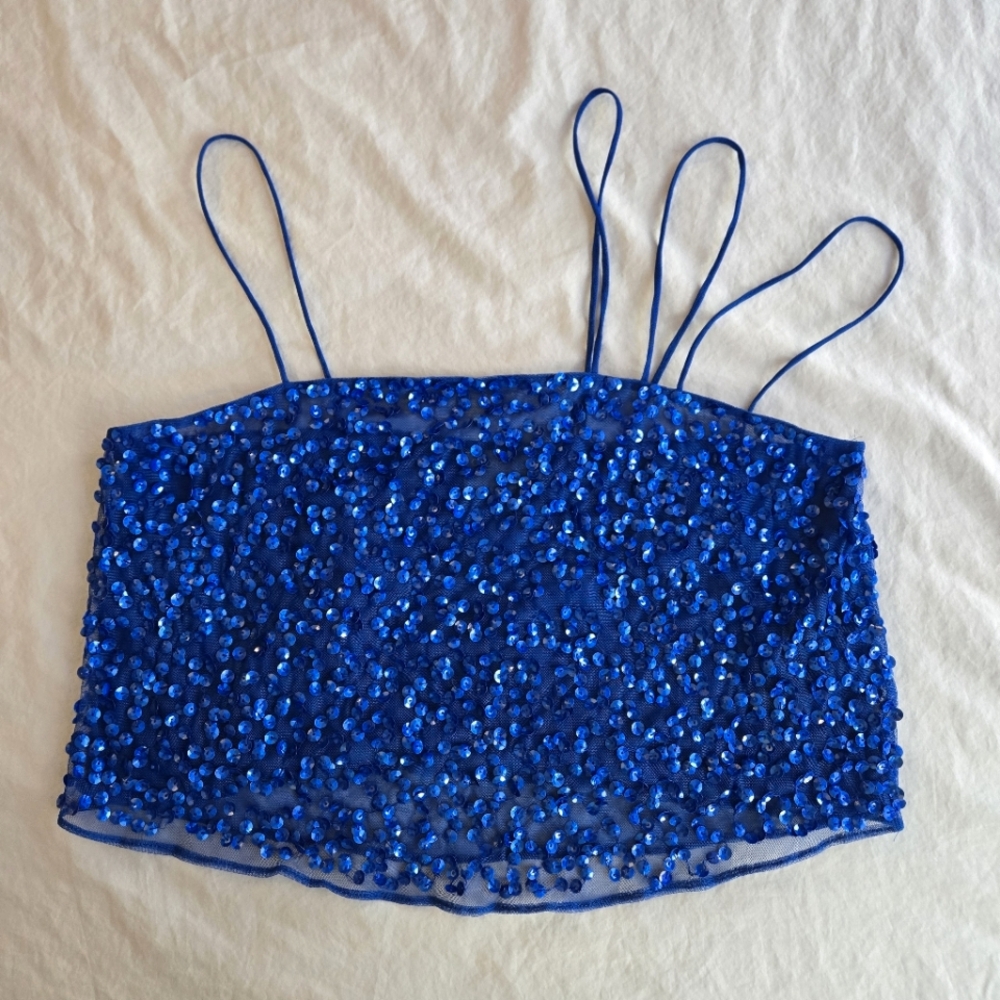 Asos sz 10 Blue Mesh Sequin Strappy Crop Top 90s y2k